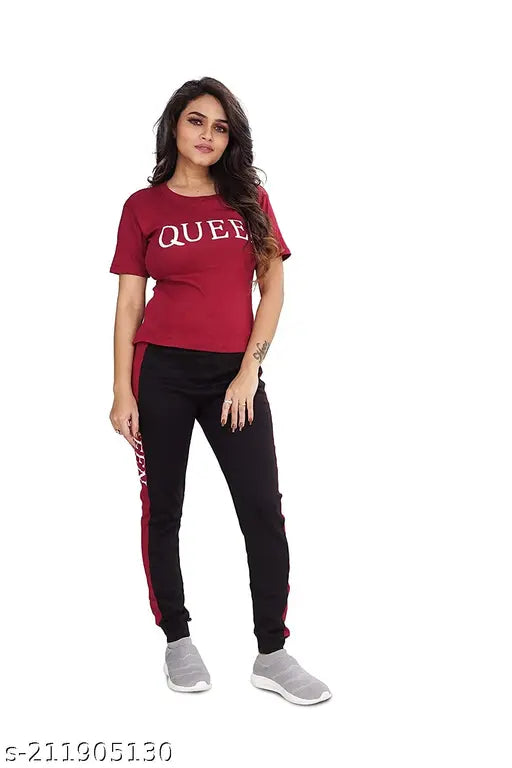 Printed polycotton solid women's track suit top & pyjama bottom, short sleeves, casual loose style, wide leg, ankle length, mid-waist pants for women, India origin