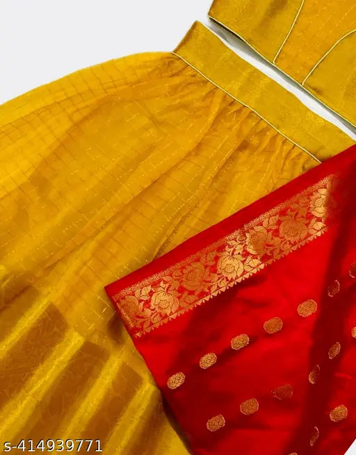 Girls Yellow Organza Lehenga Choli Set, intricately designed with floral patterns and zari woven dupatta, perfect for festive occasions
