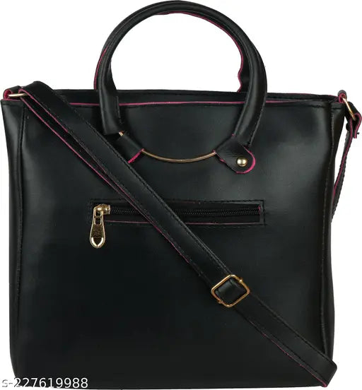 Womens sling bag with adjustable strap, black leather material