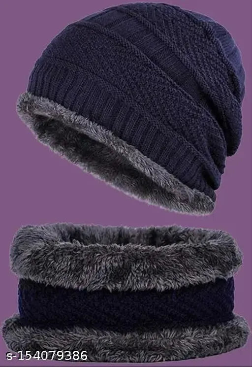 Warm wool acrylic cap & fur-lined scarf, men's fashionable winter essential