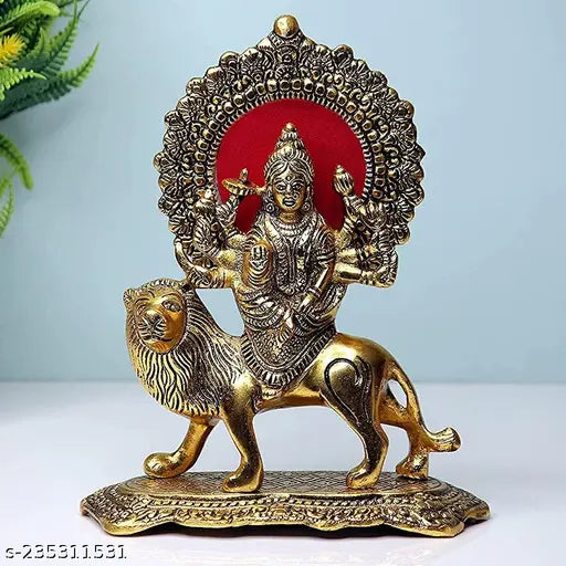 Metal Durga Maa Sherawali idol, gold-plated with antique finish, 17x7.25x22 cm, home decor and gifting
