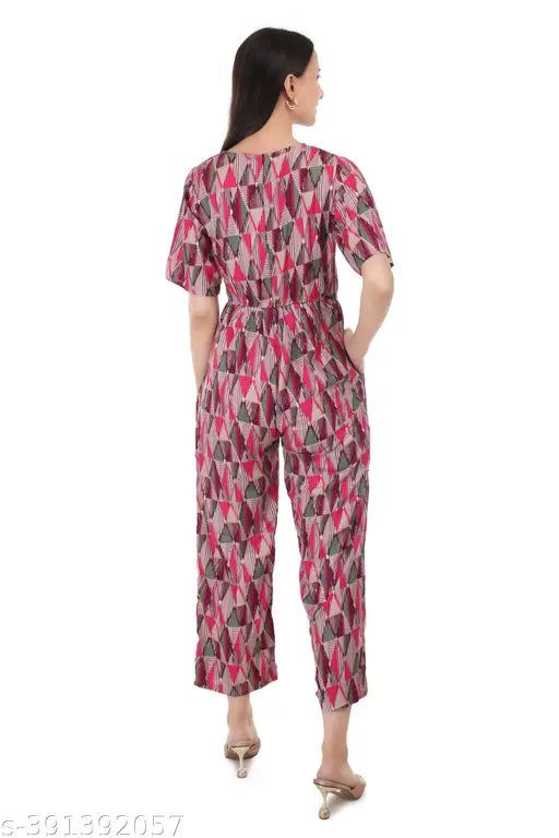 Rayon geometric print women's jumpsuit, loose-fitting V-neck with half sleeves, chic ankle length design