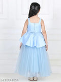 Light blue net hi-low dress for girls aged 1-2 years, featuring toy balloon print and shoulder straps
