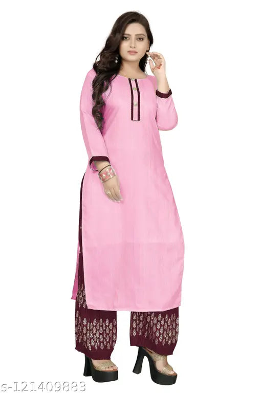 Pink cotton silk stitched kurti with palazzos, three-quarter sleeves, no dupatta. Single size options available from M to XXXL. Indian handcrafted Zari woven net fashion