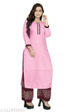Pink cotton silk stitched kurti with palazzos, three-quarter sleeves, no dupatta. Single size options available from M to XXXL. Indian handcrafted Zari woven net fashion