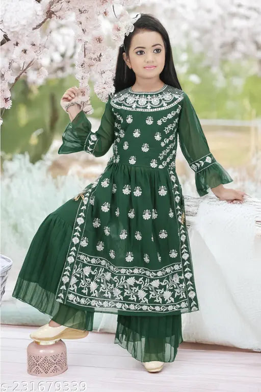 Green chiffon anarkali suit for girls with intricate embroidery and stone handwork, 4-10 years, traditional Nayra style from India