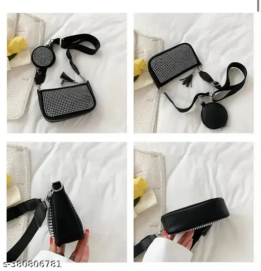 Mini allover rhinestone square bag with coin purse, black leather material, two main compartments, one front zip pocket
