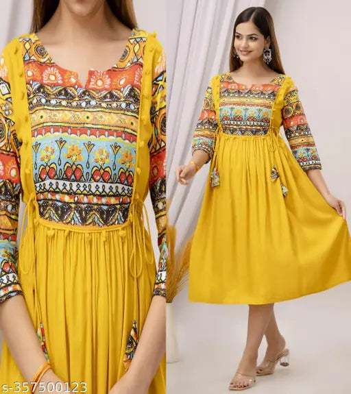 Yellow rayon anarkali kurta for women, solid printed cotton style, three-quarter sleeves
