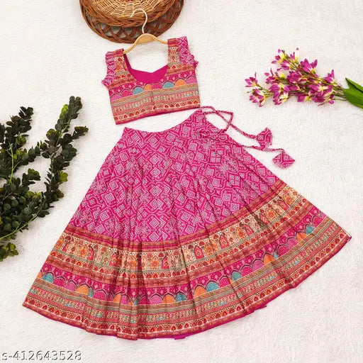 Kids rayon blue lehenga choli with separate blouse pis, ethnic motif print, sleeveless, for 2-3 years, wedding occasion