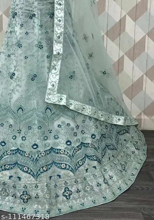 Embroidered net lehenga-choli set, Indian embroidered net topwear and dupatta for women's festive occasions