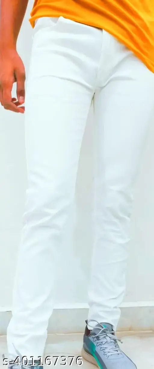 Men's white denim plain jeans, size 28/30/32 with solid pattern, Made in India