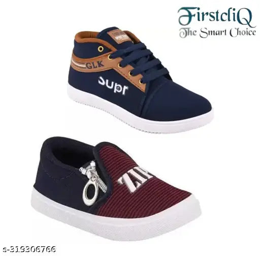 Black, blue and red shoes with white soles and gold lettering
