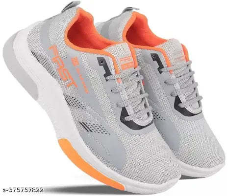 Kids grey running shoes, synthetic and PVC, ideal for boys and girls, textured net pattern, lace-up fastening