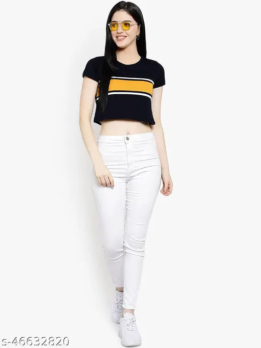 Trendy sensational women's cotton t-shirt, printed net pattern, short sleeves, India-made crop top (L - bust 36in, length 18in; XL - bust 38in, length 18in)