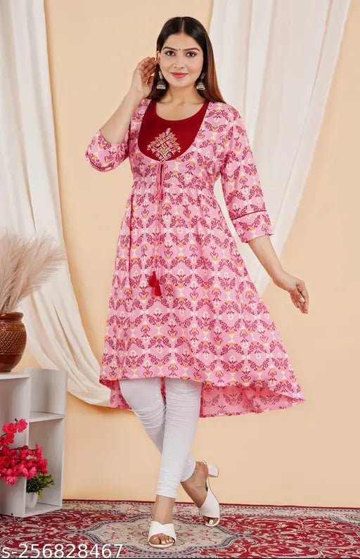 Rayon floral printed embroidered flared kurta, three-quarter sleeves, Miyanbazaz women's fashion, India
