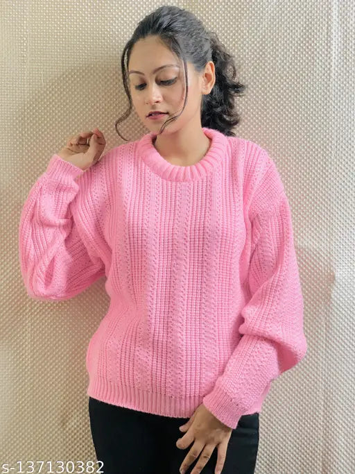 Woolen women's pullover, long-sleeved, cable knitted design - Cozy winter wear, made in India
