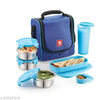 Blue lunch box set with plastic containers, travel size, and spoon