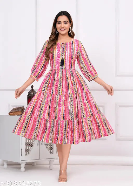 Multicolor viscose rayon anarkali kurta for women, short-sleeved printed combo on mannequin