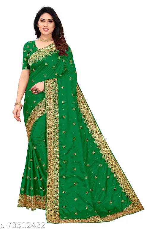 Bottle Green Vichitra Silk Bridal Saree with Embroidery and LCD Stone Work - Traditional Ethnic Love