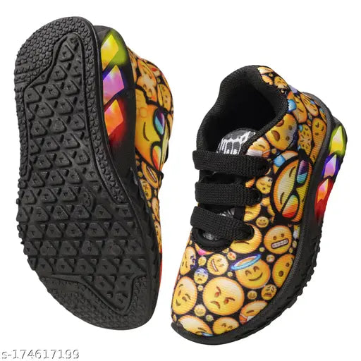 Colorful walking shoes with smiley face motif, black soles