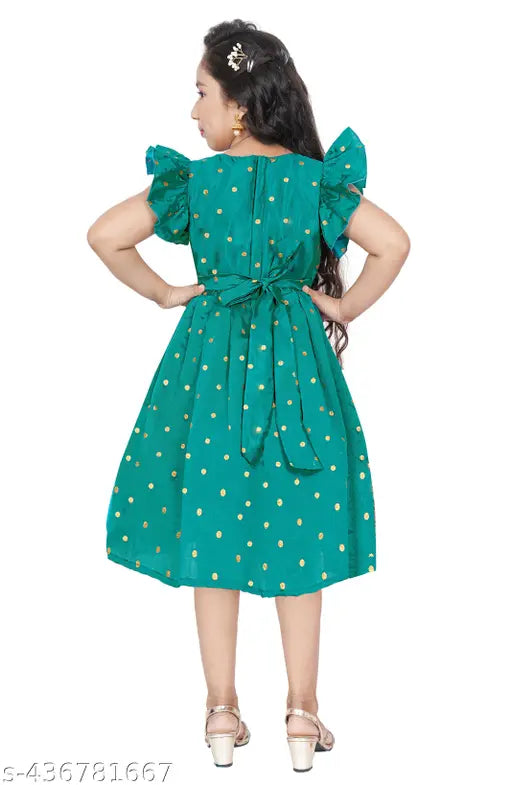 Green Paithani frock with cross back design, long sleeves