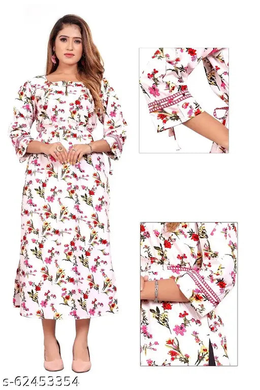 Trendy white long-sleeve kameez with floral print, gathered waistline