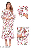 Trendy white long-sleeve kameez with floral print, gathered waistline