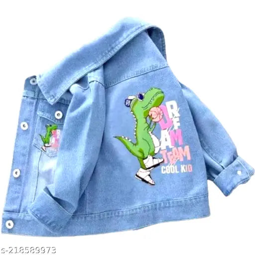 Denim jean jacket with dinosaur design, unisex style, zipper closure
