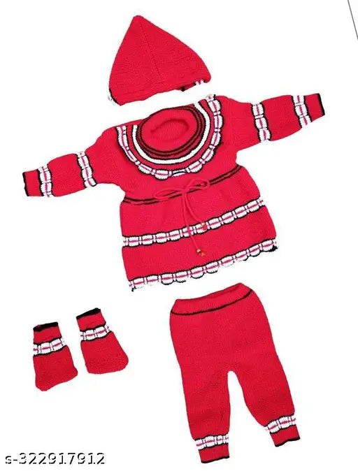 Red woolen dress set, printed cartoon design for newborn baby girl winter wear (4 pcs)