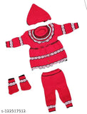 Red woolen dress set, printed cartoon design for newborn baby girl winter wear (4 pcs)