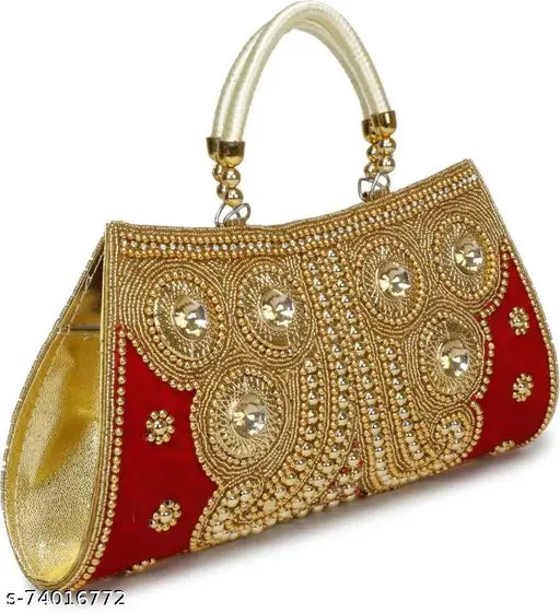 Women's decorative clutch, embroidered with gold sequins and flowers, red background
