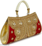 Women's decorative clutch, embroidered with gold sequins and flowers, red background