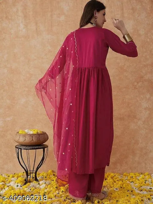 Vichitra Silk Kurti Set with Palazzos - Indian embroidered women's silk outfit in solid pattern, single size available