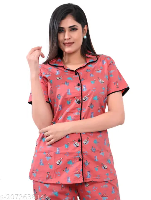 Pink comfort cotton women's nightwear set, printed net design for dailywear comfort (M: 38in/26in/30in/38in, XXL: 44in/26in/36in/38in)