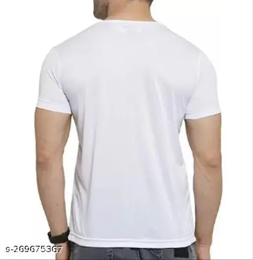 White polyester men's half sleeve printed round neck t-shirt, trendy design on display