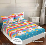 Premium cotton unicorn-themed fitted bedsheets with elastic, double size, 2 king pillows, 180 TC supersoft, Indian origin