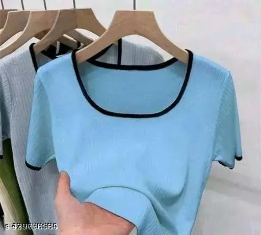 Classy modern women's lycra t-shirt - solid color, short sleeves, size S (bust 28in, length 19in), made in India