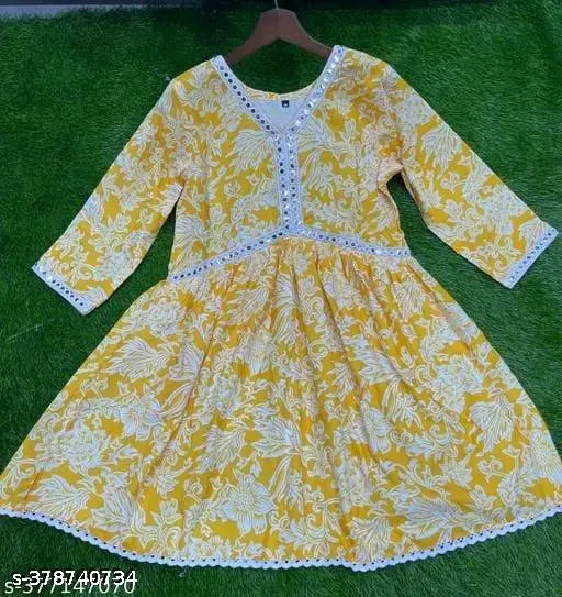 Yellow Rayon Printed Kurta with Three-Quarter Sleeves | Office Wear, Summer Kurta for Women