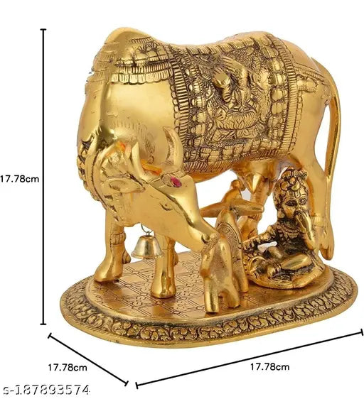 Gold Kamdhenu Statue: Mahakal Artware's Cow, Calf & Little Krishna (15.5 x 12 x 15 cm), Vastu Shastra spiritual idol for peace, wealth, health & happiness