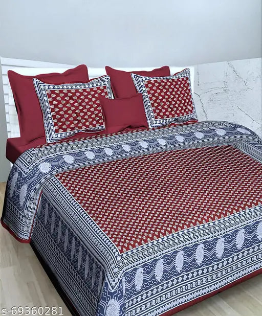 Jaipuri 100% cotton queen double bedsheet, lively designed with intricate detailing, 2 pillow covers included