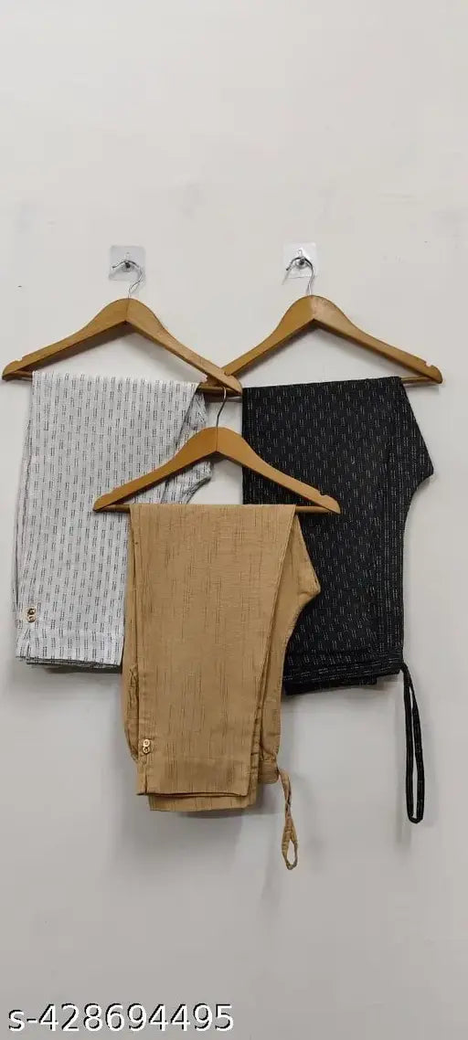 Cotton pants for women Combo pack of 3: Solid-colored, versatile black, white & brown women's pants with side pockets, India-made