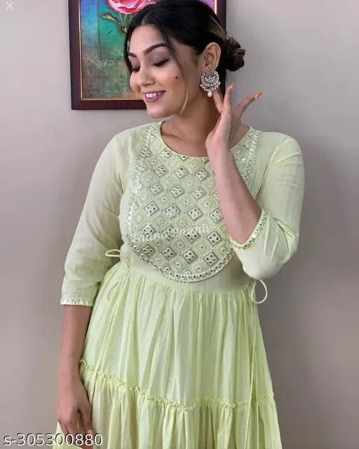 Green cotton anarkali gown, embroidered three-quarter sleeve dress for women, Indian traditional fashion