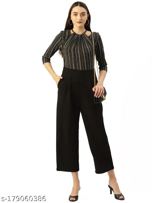 Black and white striped crepe designer jumpsuit for women, three-quarter sleeves, round neck, two pockets. Size: S (Bust 34", Waist 28", Hip 38"). Made in India