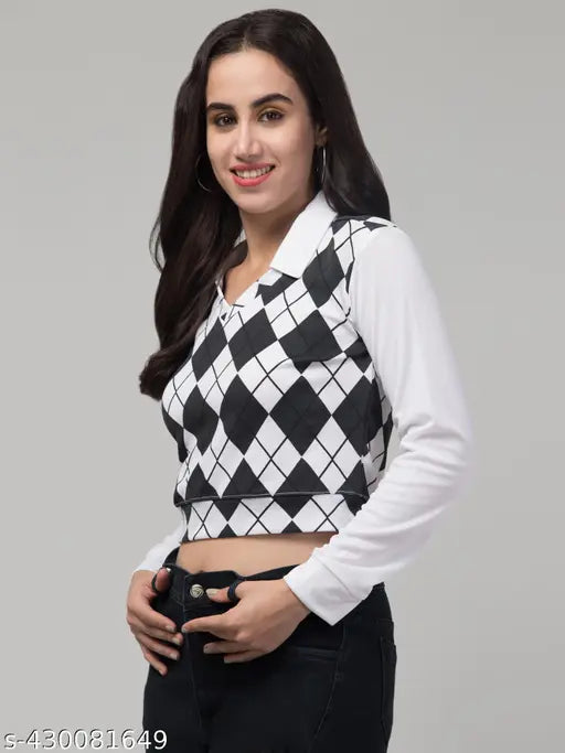 Cotton blend checked pattern collar neck full sleeve women's t-shirt, long sleeves and all-over print, size S (34in bust, 24in length)
