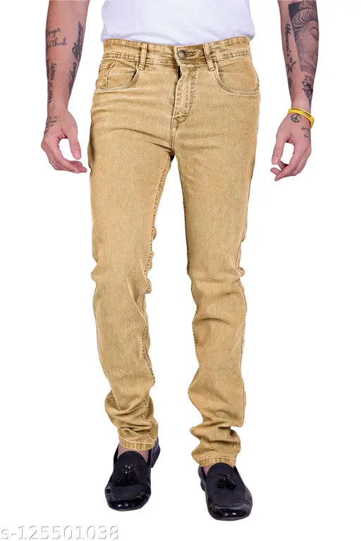 Men's slim beige denim jeans, mid-rise and regular fit, 100% cotton construction, ideal for stylish comfort, size 30/32/34/36/38/40 (W:31/33/35/37/39/41 in, H:36/38/40/42/42/42 in, L:42 in) from India