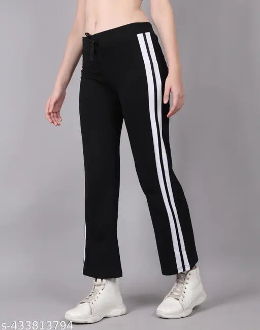 Trendy cotton colorblocked track pants for women with black and white stripes