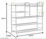 Stainless steel wall mount kitchen utensil dish rack, adjustable shelves and plate holder, for organizing and displaying cookware, 2 glass holders, 31 x 30 inches