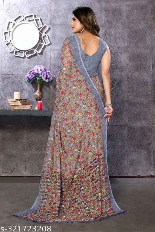 Colorful printed georgette saree, with matching blouse, for women's formal wear