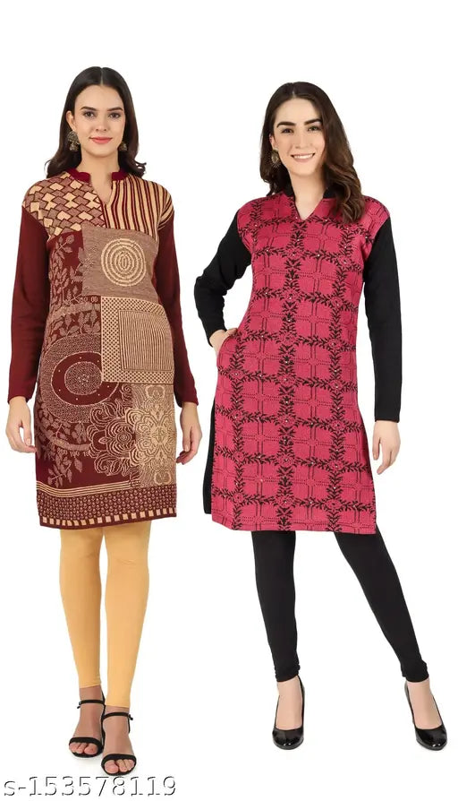 Wool straight kurta in two colors. Long sleeves, straight neckline, pack of two