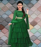 Embroidered satin and net Lengha Choli for girls, ruffle stitch with long sleeves, exclusive Indian designer fashion for ages 1-12 years